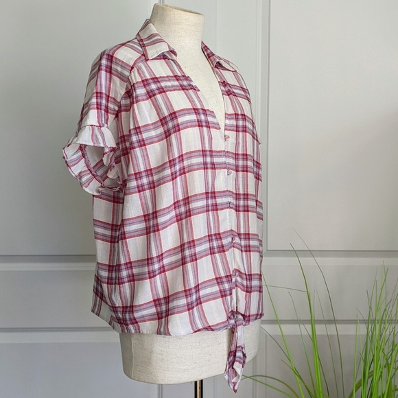 PAIGE Top Button Front Tie Split Neck Short Sleeve Plaid Cream Red Grey L NWT - Picture 3 of 14